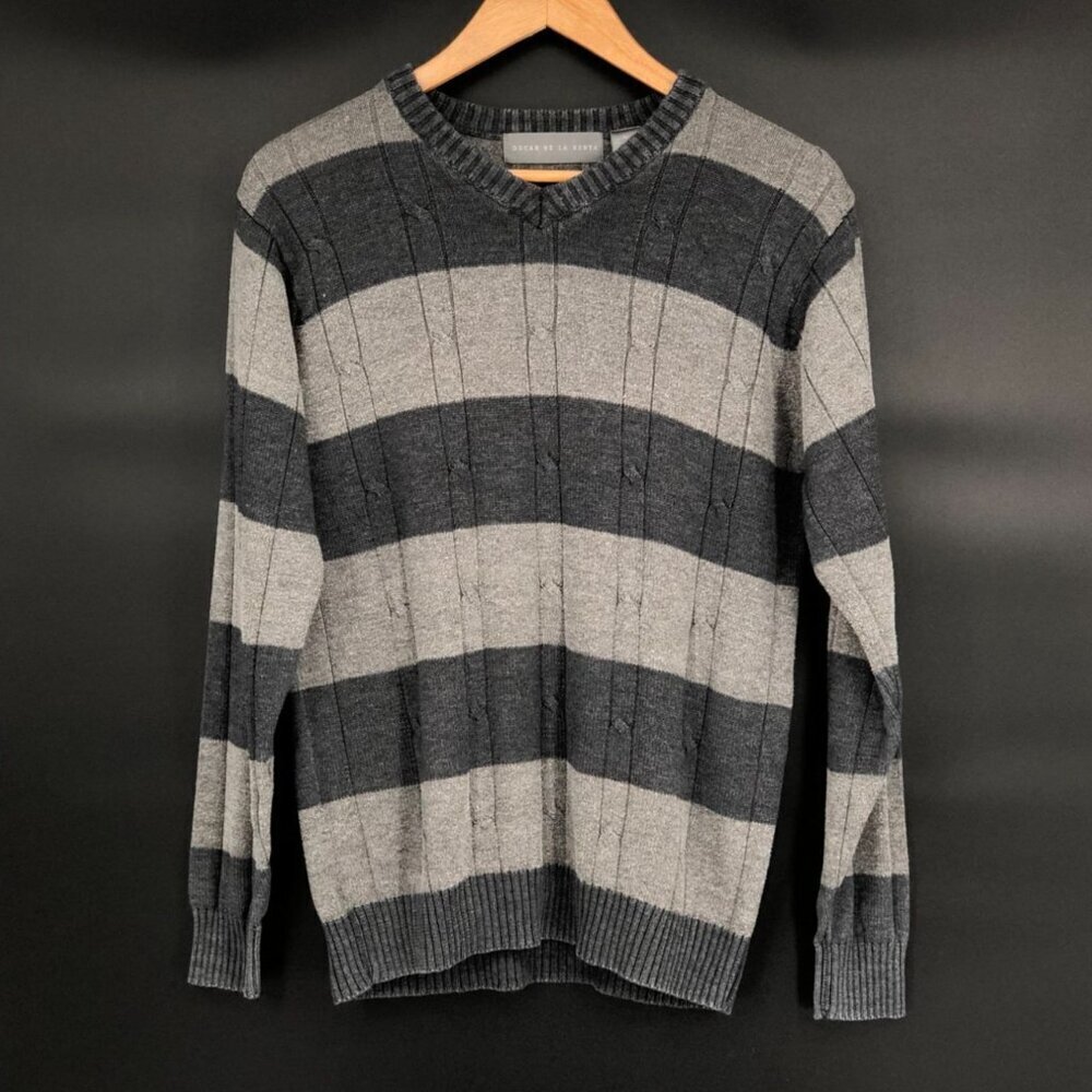 Vintage Oscar De La Renta Men's Striped Cable Knit Sweater Size M Gray Y2k